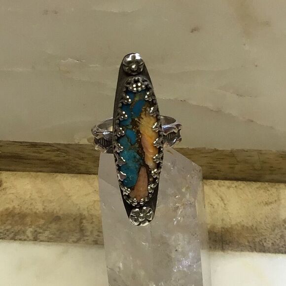 Ring, Statement Turquoise & Spiny Oyster Ring, Sterling Silver Ring, size 5, Han - Picture 3 of 8